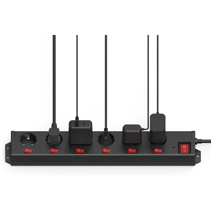 Розподільник розеток Hama з індивідуальним керуванням, захистом від перенапруги, 6 розеток, поворот на 90°, чорний, 1.4м кабель