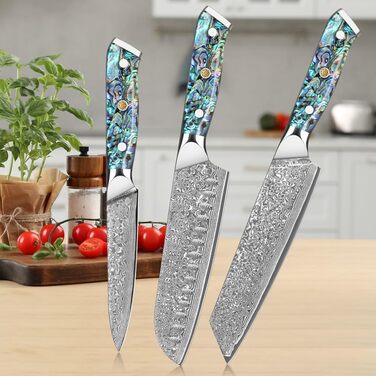 Ніж Santoku з дамаської сталі 18 см: преміум якість, VG-10 сталь, ручка з мушлі Абалоне, подарункова коробка
