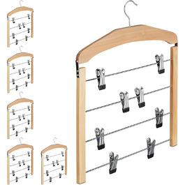 6 x Rock Hangers, Multi-Bar, Trouser Hangers Wood, 360° Swivel Hook, Clothes Hangers Non-Slip, HBT 45.5x39x2.5 cm, Silver/Natural