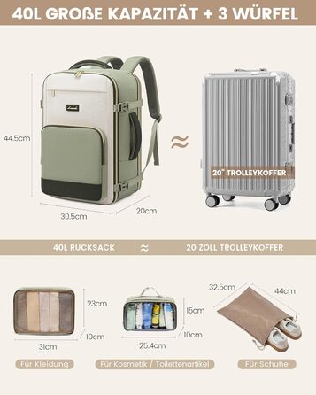 LOVEVOOK Рюкзак ручної поклажі, 17.3 дюйма, водонепроникний, 40L, для подорожей та бізнесу, рюкзак для жінок - Оливковий, Бежевий