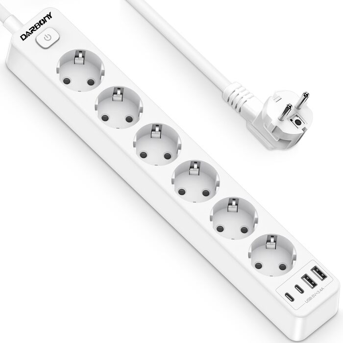 Мережевий фільтр з 4 USB та 6 розеток з вимикачем, для кухні, офісу, 3680W, 16A, 2 Type-C, білий кабель 1.8м