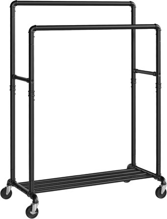 SONGMICS Clothes Rack, Clothes Rail, Coat Rack with 2 Clothes Rails and Shelf, Wheels, Load Capacity up to 110 kg, Industrial Design, for Bedroom, Dressing Room, white HSR060W01 (Black)