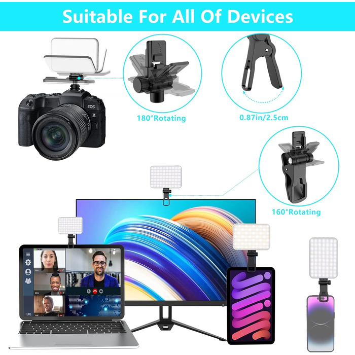 LED світло для селфі: портативна світлодіодна лампа для телефону, планшета, ноутбука з 60 світлодіодами, 7 режимів, регулюванням яскравості та акумулятором 2200mAh