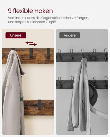 VASAGLE Coat Rack, Coat Stand with Hooks, Clothes Rack with Mirror, Shoe Bench and Shelves, 36 x 98 x 185 cm, for Entryway, Bedroom, Living Room, vintage brown-black HSRAM050B01