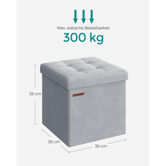 SONGMICS Storage Ottoman, Small Folding Bench, 38 x 38 cm Footstool, Storage Box, Holds up to 300 kg, for Living Room Bedroom Dorm, Dove Grey LSF227G02 38T x 38B x 38H cm Dove Grey
