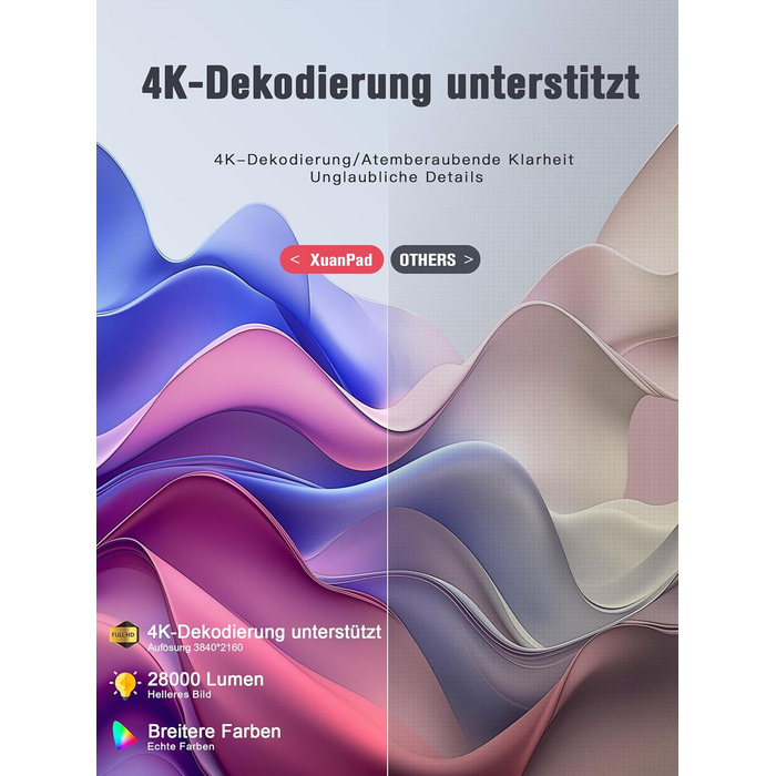 Smart Beamer 4K з автофокусом TOF 28000L, WiFi6, Bluetooth, обертання 210° для дому та вулиці. Сумісний з Netflix, підходить для підключення до телефону/ПК