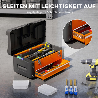 HOMCOM Empty Tool Box, 49.7 x 25.3 x 23 cm Tool Chest with Drawer, Mini-Box, Top Storage Compartment, Handle, Steel Tool Case, Orange | Aosom