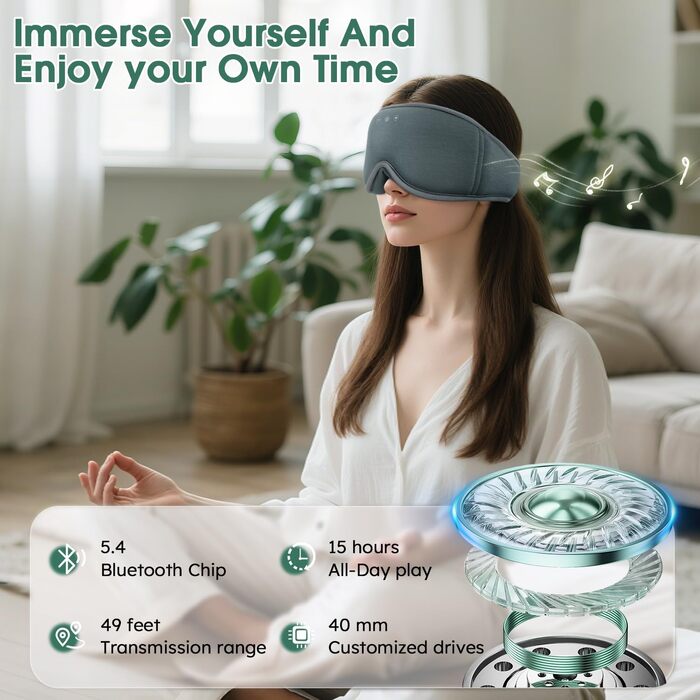 Маска для сну з навушниками Bluetooth Dolida, 3D бамбукова маска для очей, сіра. Бездротові навушники для сну для жінок та чоловіків з мікрофоном