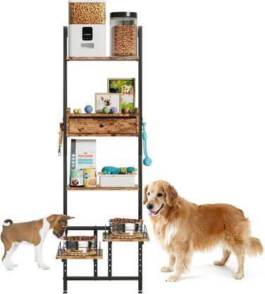 Підвищена годівниця для собак з місцем для зберігання та двома антиковзними килимками, для великих собак, регульована висота, настінний монтаж, колір вінтажний коричневий