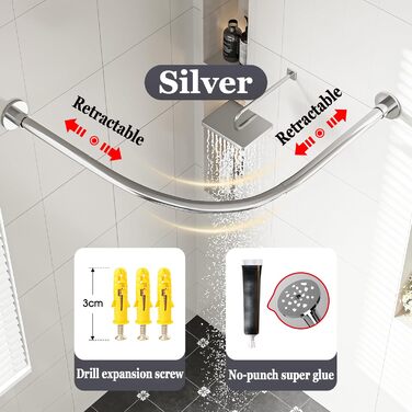 Регульована штанга для душу L-подібної форми без свердління, штанга для душу з нержавіючої сталі 304, розширювана кутова штанга для душу, для (Розмір:Колір) (C 90-130см x 90-130см, Срібло)