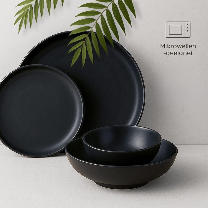 Набір посуду з кераміки Twinzee Ebony Collection, матово-чорний, 24 предмети на 6 осіб, підходить для мікрохвильової печі