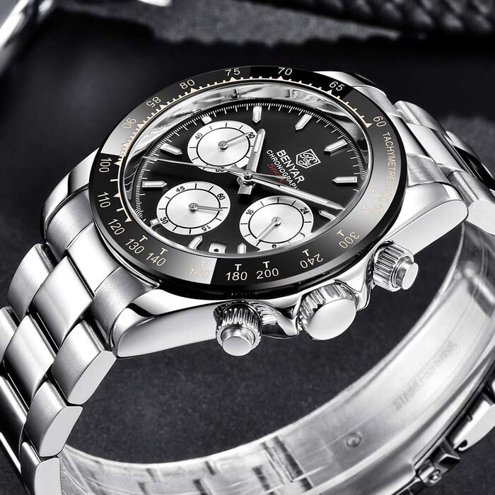 Чоловічий годинник BENYAR з кварцовим механізмом, аналоговий хронограф, бізнес-стиль, водонепроникний, з нержавіючої сталі, для відпочинку та спорту (чорний та білий)