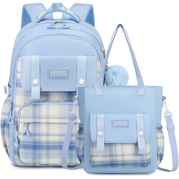Шкільний рюкзак Tanou для дівчаток-підлітків, великий набір з сумкою через плече, в клітинку, 26L, блакитний