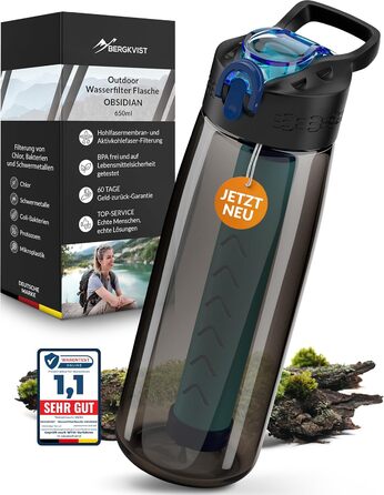 BERGKVIST® Outdoor Water Filter Bottle OBSIDIAN (650ml) with Compass - Filter Water Bottle for Clean Drinking Water - Water Purification for Camping, Prepper & Survival Gear (Black)
