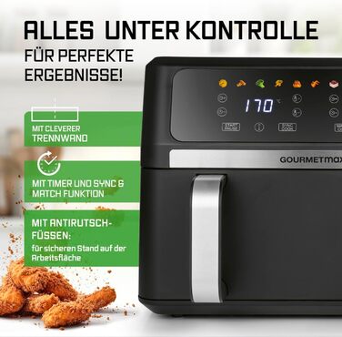 Фритюрниця готувальна повітрям Gourmetmaxx AirGenius 9 л (2 x 4,5 л) з 8 програмами | 2 камери для одночасного приготування | Сенсорний дисплей, для 8 осіб