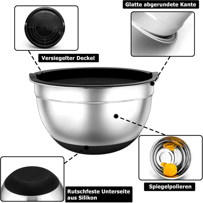 TEAMFAR Mixing Bowl Set of 7, Stainless Steel Bowl Salad Bowl Set with Airtight Lids and Silicone Bottom, Nesting & Dishwasher Safe, 0.7L / 1.2L / 1.5L / 2.5L / 2.8L / 3.5L / 6.5L, black