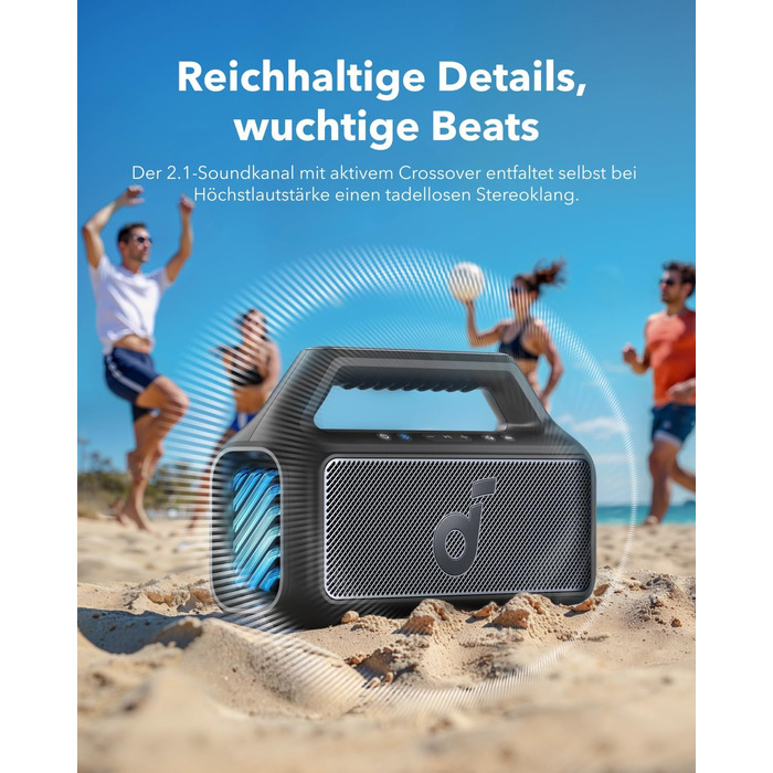 Soundcore Boom 2 - портативна Bluetooth колонка, 80W, сабвуфер, LED, IPX7, USB-C, EQ, BT 5.3, для кемпінгу, пляжу, саду, чорна