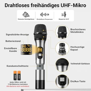 TONOR Бездротовий мікрофонний комплект UHF з 4 каналами: ручний, нагрудний, наголовний мікрофон, 90 м радіус дії, для співу, караоке, 2 ручні мікрофони та 2 нагрудні передавачі