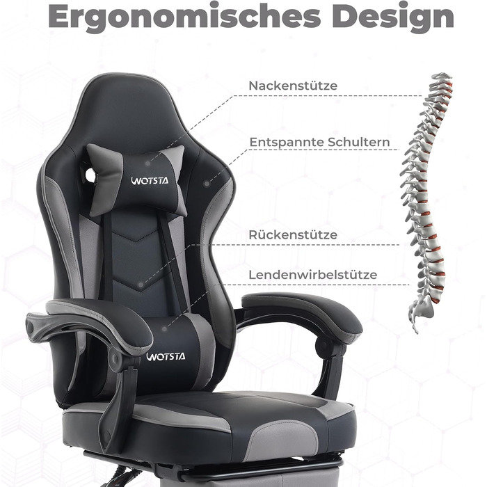 Геймерське крісло Ergon Gaming з підставкою для ніг, ергономічне, для комп'ютера, з підтримкою попереку, темно-сіре/чорне
