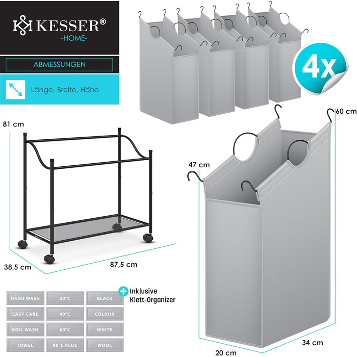 KESSER® Laundry Basket, Laundry Collector, Laundry Sorter with 4 Removable Fabric Bags | 4 Compartments x 35 Liters | Laundry Box with 12 Laundry Instructions, 360° Swivel Wheels with Brake, Laundry Sorting System, Laundry Cart, Grey
