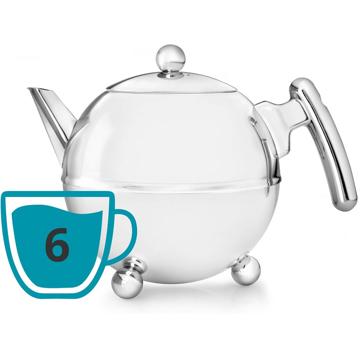 Bredemeijer round, pot-bellied, double-walled stainless steel teapot, 1.2 liters with chrome-colored handle
