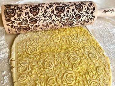 Дерев'яна качалка з гравіюванням троянд DAMASCUS ROSEN для тіста, випічки, декорована квітами, Algis Crafts