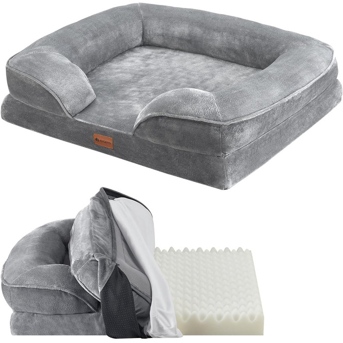 Juskys Dog Bed Sheena L Orthopedic, Washable & Non-Slip - 98 x 70 x 17 cm - Fluffy Dog Sofa for Medium-Sized Dogs Grey - Pet Bed Dog Sofa (L 72 x W 60 x H 17 cm)