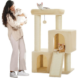 PETEPELA Scratching Post with Dual Condos for Apartment Cats, All-in-One Cat House with Padded Perch, Scratch Ramp and Posts, and Interchangeable Balls (Beige, L 113cm)