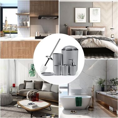 Набір аксесуарів для ванної кімнати Otostar сірого кольору: бамбук, тримач для ватних паличок, дозатор мила, тримач для зубних щіток, миска для мила, тримач для унітазу, сміттєвий бак, пластик (6 предметів)