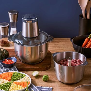 Електричний подрібнювач Bear 2L+1.8L з м'ясоподрібником, 600W, 2 швидкості, 4 леза з нержавіючої сталі, скляна ємність для м'яса, дитячого харчування, фруктів та овочів