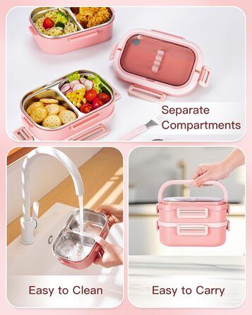 Ланчбокс Lille Home з 2 ярусами, 4 відділення, 1650 мл, з посудом, BPA-free, не протікає (Зелений) (Рожевий)