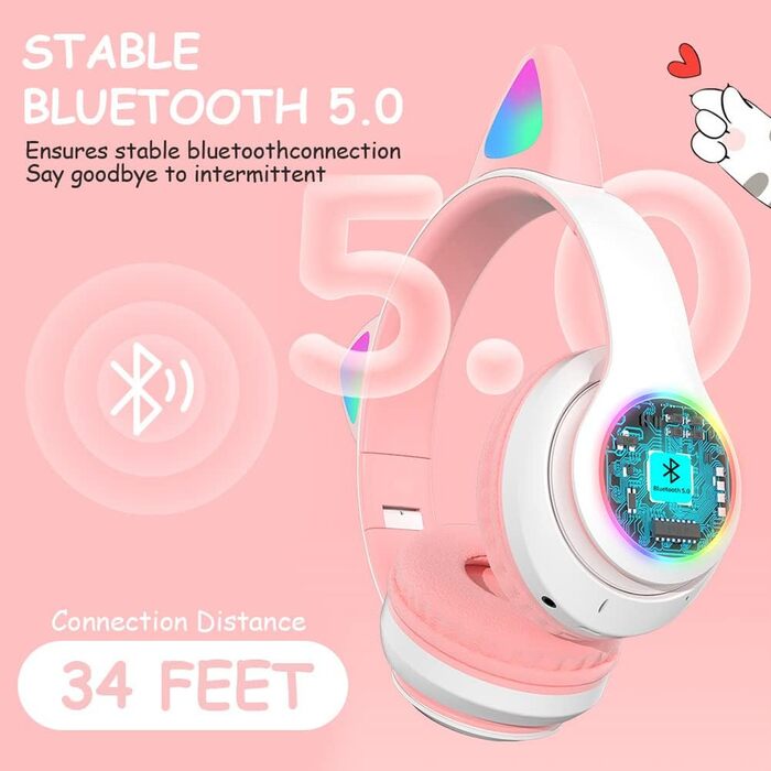 Дитячі навушники AXFEE з Bluetooth, Over-Ear, котячі вушка, LED-підсвітка, мікрофон, Micro SD/TF, рожеві