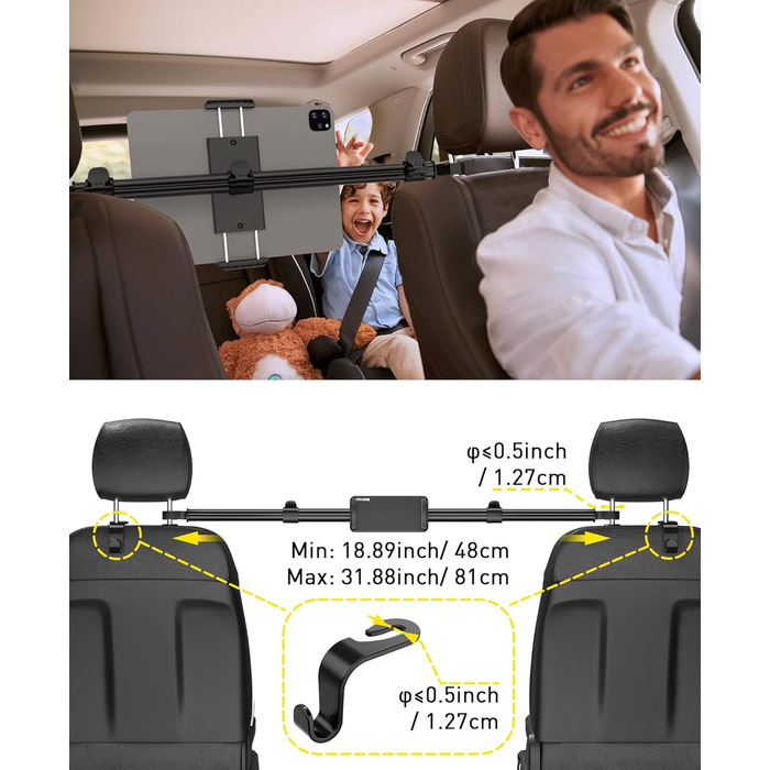 Автотримач для планшета TRYONE, універсальний, регульований, для підголівника, 4,7-12,9 дюймів, з 2 гачками, чорний, сумісний з iPad, Samsung Galaxy Tab, Switch, смартфонами