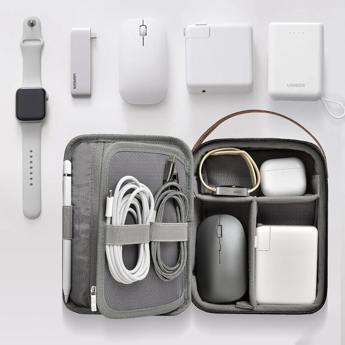 Органайзер для кабелів WIWU з ручкою, велика місткість, чорний. Для аксесуарів, техніки, зарядних пристроїв, повербанків, жорстких дисків. Регульовані перегородки, портативний, для подорожей, офісу, школи.