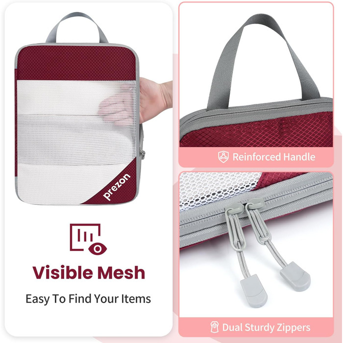 Набір компресійних органайзерів для валізи 6 шт., прозорі, бордовий - економія місця, міцний матеріал