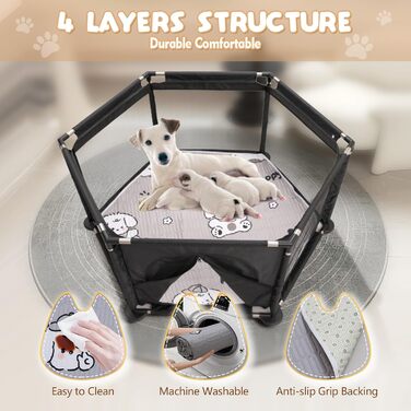 Кінець для цуценят у формі шестикутника, 122x65 см, чорний: ігровий майданчик + м'яка підстилка для великих та малих порід