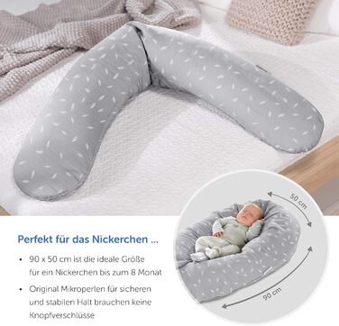 Theraline Original Nursing Pillow & Pregnancy Pillow - 190cm including 100% cotton cover - Filling with quiet micro beads - Positioning pillow, tested for harmful substances - Leaves Grey White