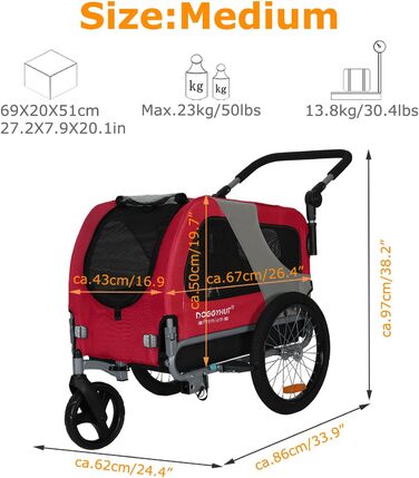 DOGGYHUT® Преміум візок для собак 2-в-1: візок-бугель для собак до 23 кг (червоний)
