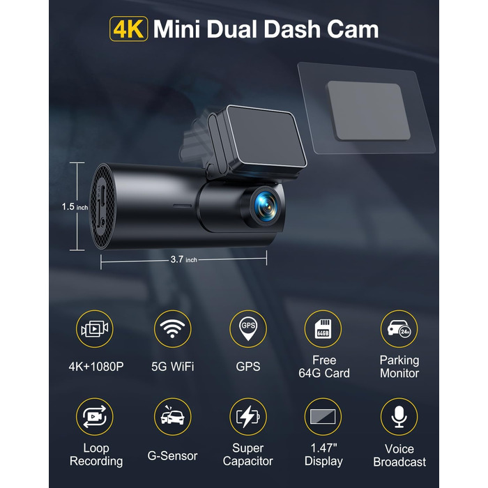 Відеореєстратор GKU 4K Dual з GPS, WiFi, ParkSurv, Нічне Бачення, WDR, 170° та G-Sensor. В комплекті SD-карта 64GB. Чорний