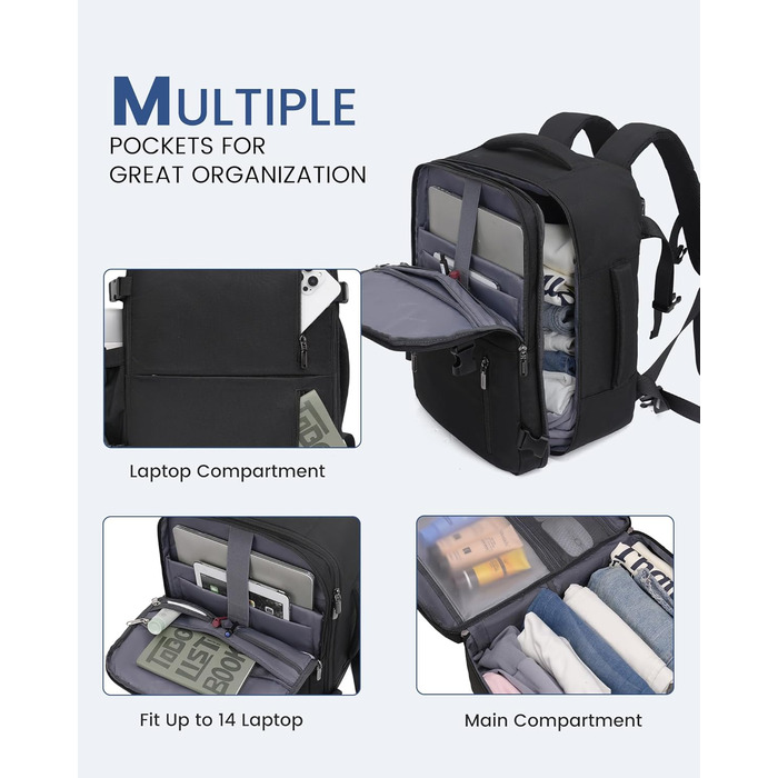 LOVEVOOK Рюкзак для подорожей, ручна поклажа, 40x30x20 см, 24л, для ноутбука 14/15.6 дюймів, чорний