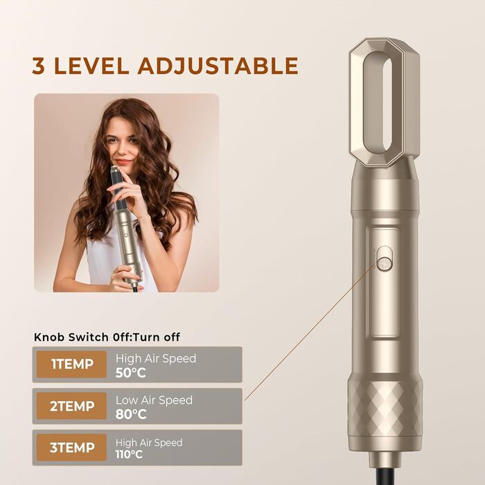 Air Styler 7-в-1: Фен-щітка, плойка, випрямляч. Зібрано 7 функцій у 1 золотому приладі. 110 000 обертів/хв, іонізація, складне зберігання. Ідеально для створення зачісок, локонів та випрямлення волосся.