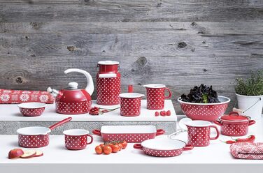 Riess, 0543-077, Whistling Kettle Plus, COUNTRY - DOT RED, Diameter 18 cm, Height 21.7 cm, Capacity 2 liters, Enamel, red, Induction 2 liters Red/White