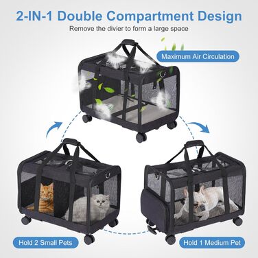 Транспортна переноска для котів та собак з подвійним відділенням, знімною перегородкою та колесами, чорна, L
