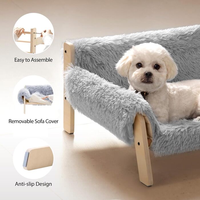MEWOOFUN Elevated Cat Bed Sofa made of Wood, Sturdy Large Cat Sofa – Fashionable Cat Stool with Removable Mattress Cover, Supports up to 10 kg (70x53cm, Grey)