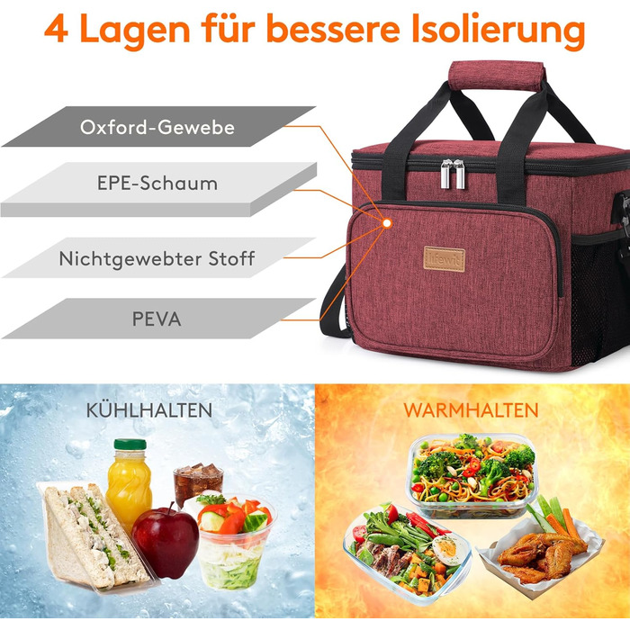 Сумка-холодильник LifeWit 15L, 24 відділення, червона (для їжі, пікніків, подорожей)