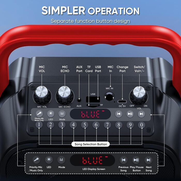 Wowstar Караоке Машина з 2 мікрофонами, Портативна Bluetooth Колонка з підсвічуванням для дорослих/дітей, PA Комплект, Підтримка TF/USB, FM, запис, AUX, TWS, для вечірок (червона)