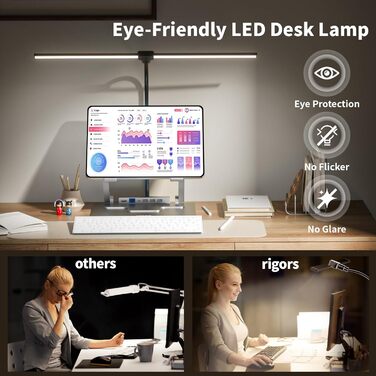 LED настільна лампа Rigors 60см з регулюванням яскравості, 900LM, захист очей, 5 кольорів, 10 рівнів яскравості, гнушкий 360° «лебединий» шийка, для офісу та дому