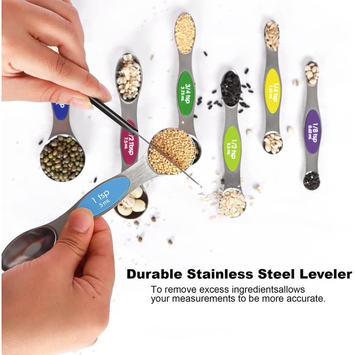 Multicolor magnetic measuring spoon set with leveler, stainless steel, stackable, fits spice jars – for baking and kitchen use