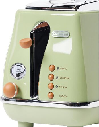 Тостер De'Longhi Icona Vintage CTOV 2103.GR Olive Green – 2 слоти, підставка для булок, 6 рівнів підсмажування, функція підігріву та розморожування, з нержавіючої сталі, ретро-дизайн