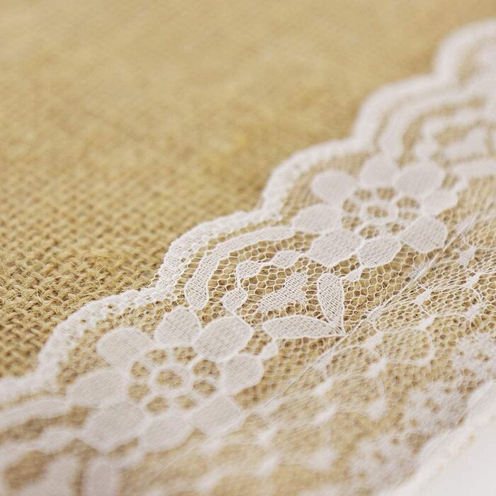 BIT.FLY Jute Table Runner with Lace - 5 Pack 30 x 275cm Table Runner Wedding Decoration Table Band made of Natural Linen for Weddings, Dinners, Parties, Table Decorations